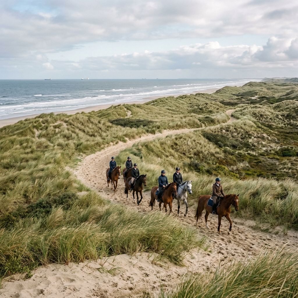 Ruiters op buitenrit in de duinen
